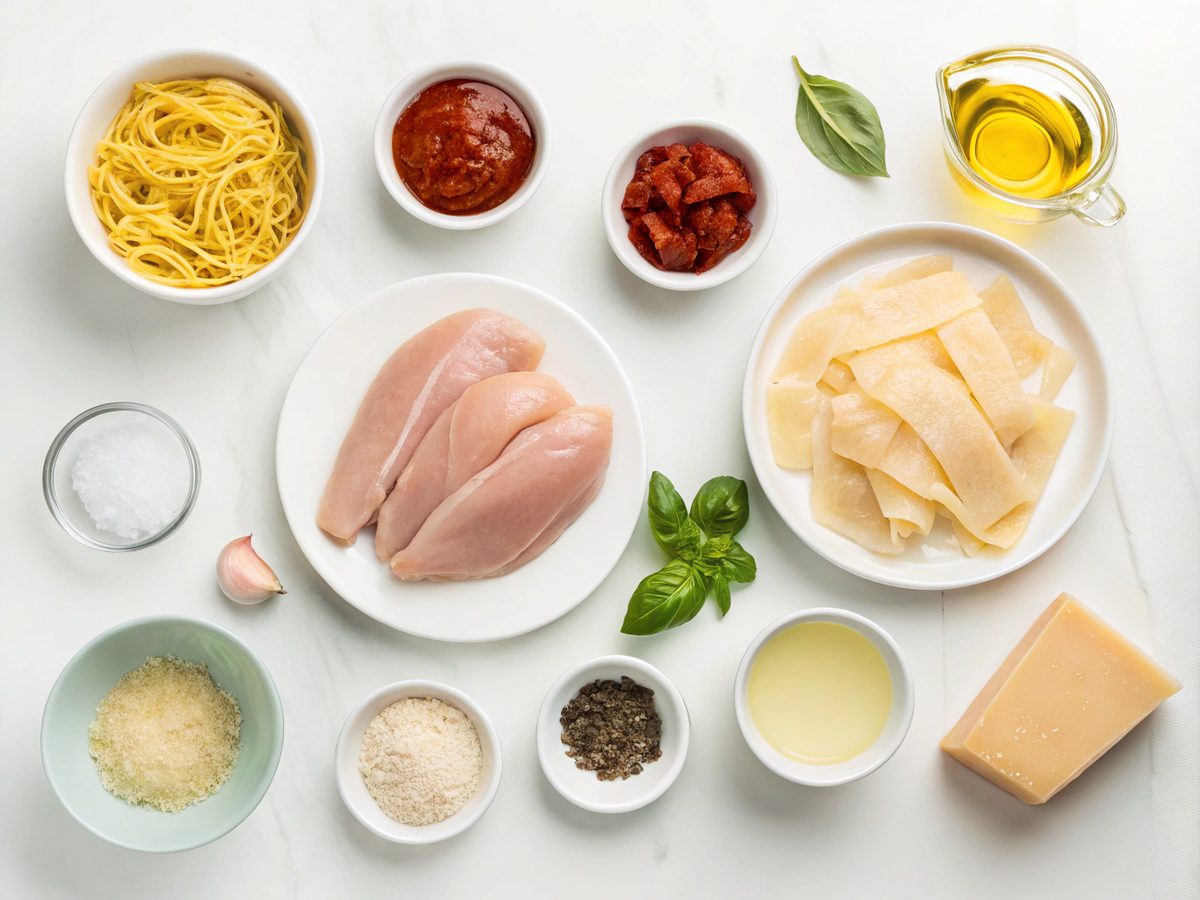 Flat lay of ingredients for the Marry Me Chicken Pasta Recipe.