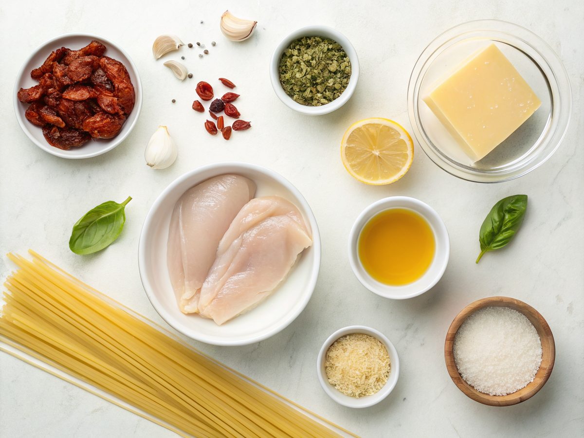 An SEO-friendly alt tag describing the image of ingredients for Marry Me Chicken Pasta.