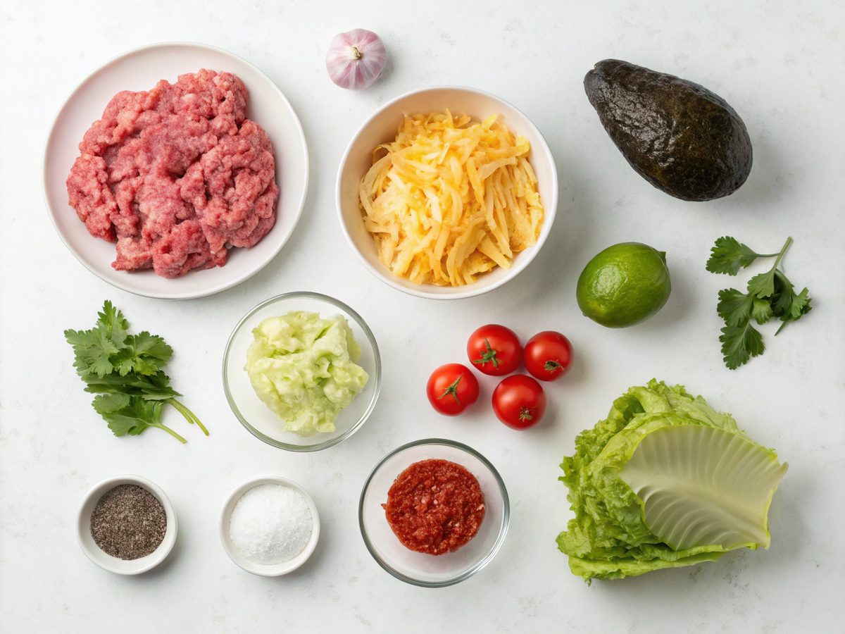 Top-down view of ingredients for Mexican Beef Lettuce Wraps