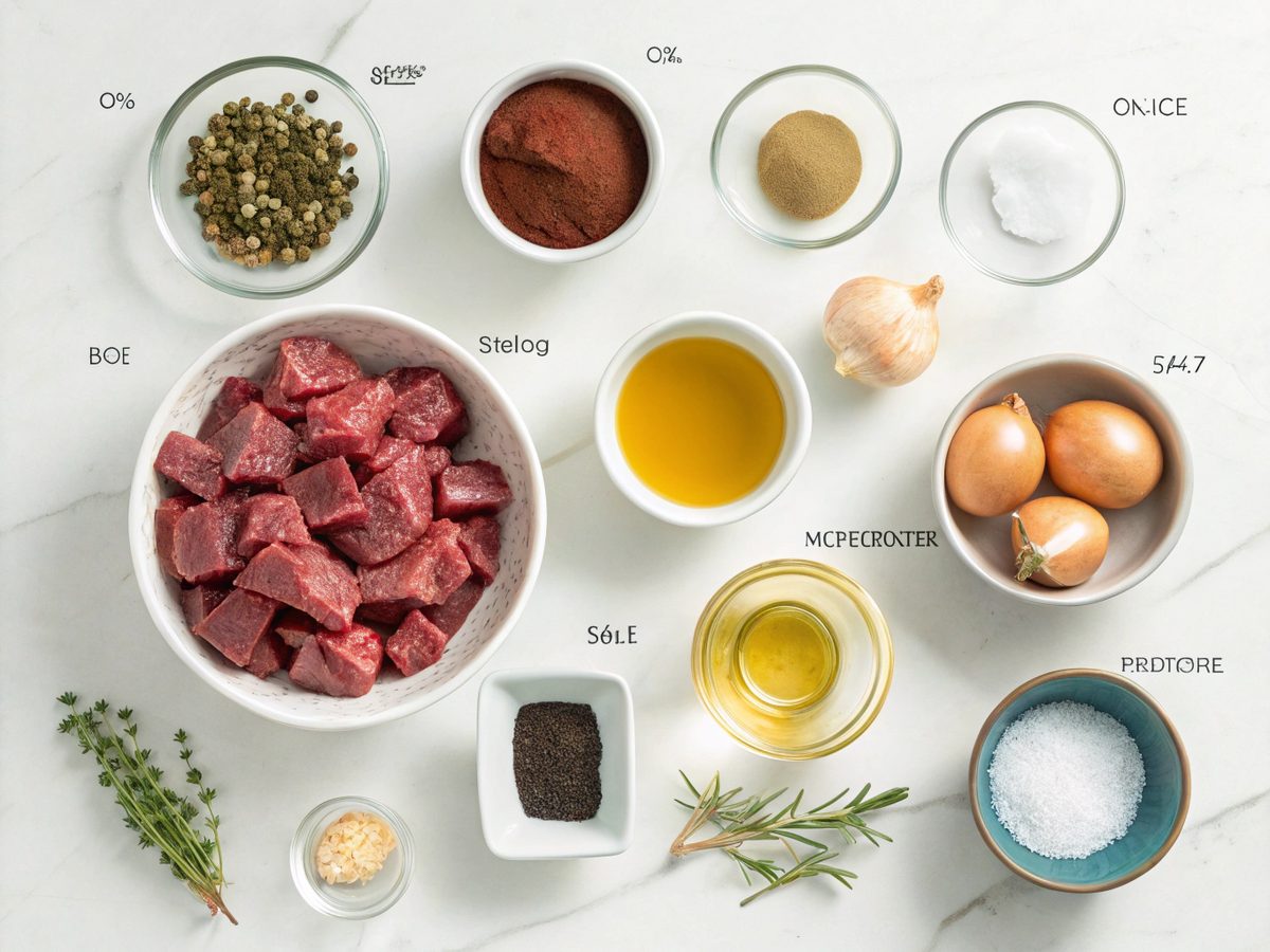 Ingredients flat lay for making oven-baked beef tips.