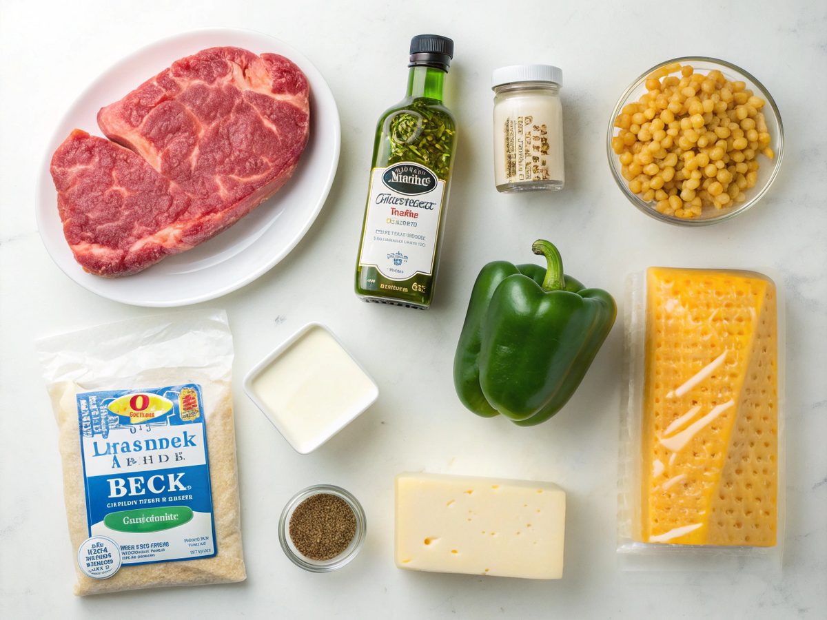 Flat lay image of Philly Cheesesteak Mac and Cheese ingredients