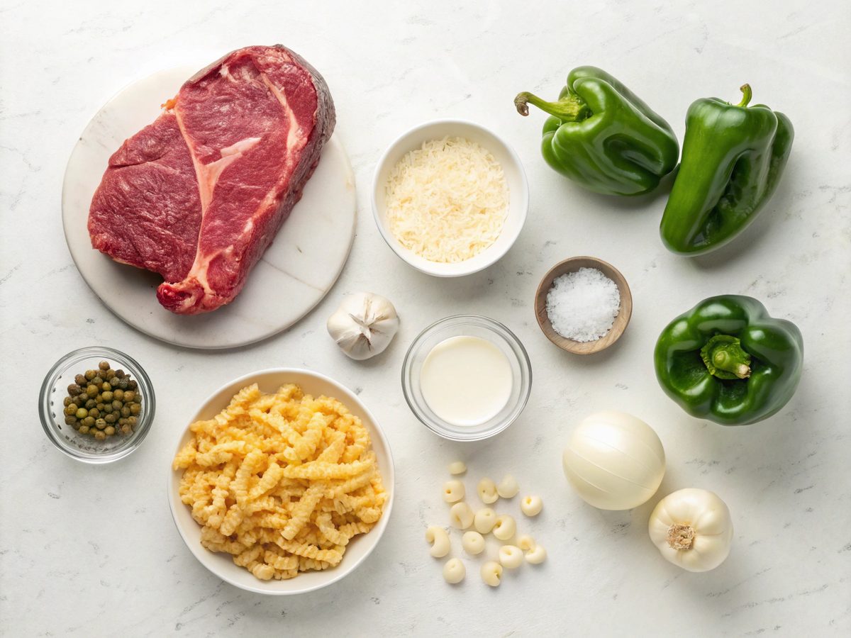A top view of assorted ingredients for Philly cheesesteak pasta recipe.