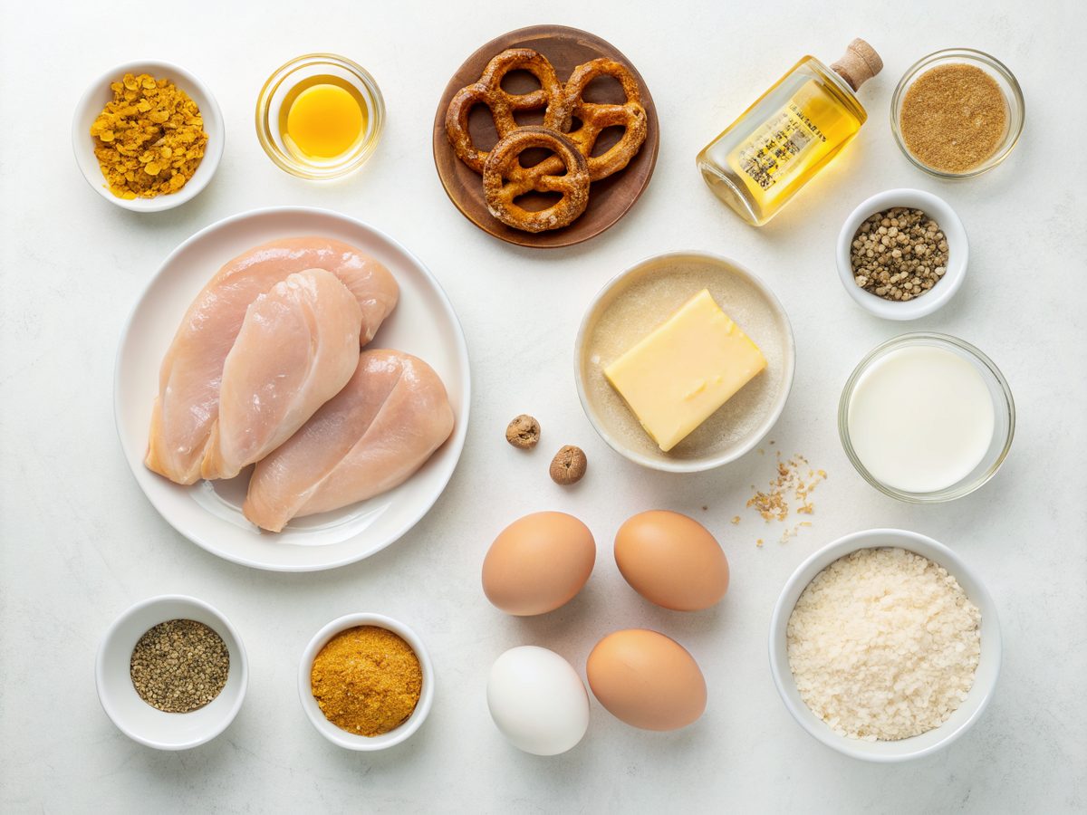 Ingredients including chicken breasts, pretzel crumbs, mustard, and cheddar for pretzel chicken