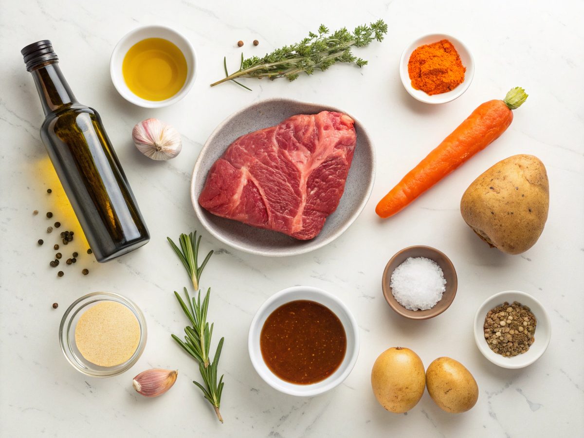 Visual of ingredients for the Instant Pot Beef Stew Recipe laid out.