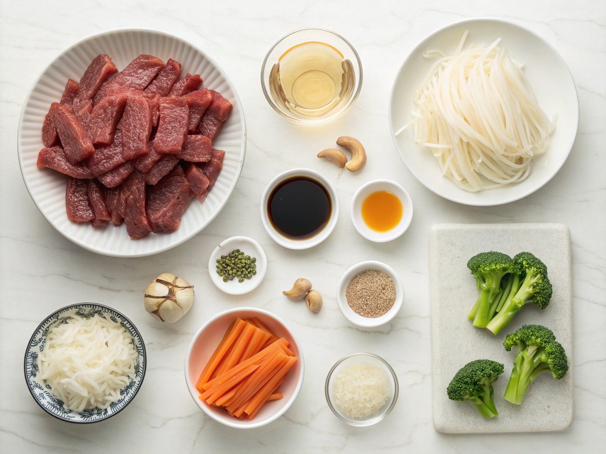Top-down view of ingredients for Quick Beef Noodles Recipe