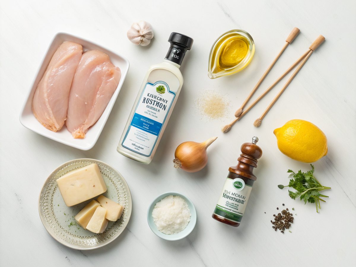 A flat lay of ingredients for ranch garlic parmesan chicken skewers, featuring chicken, sauce, and herbs