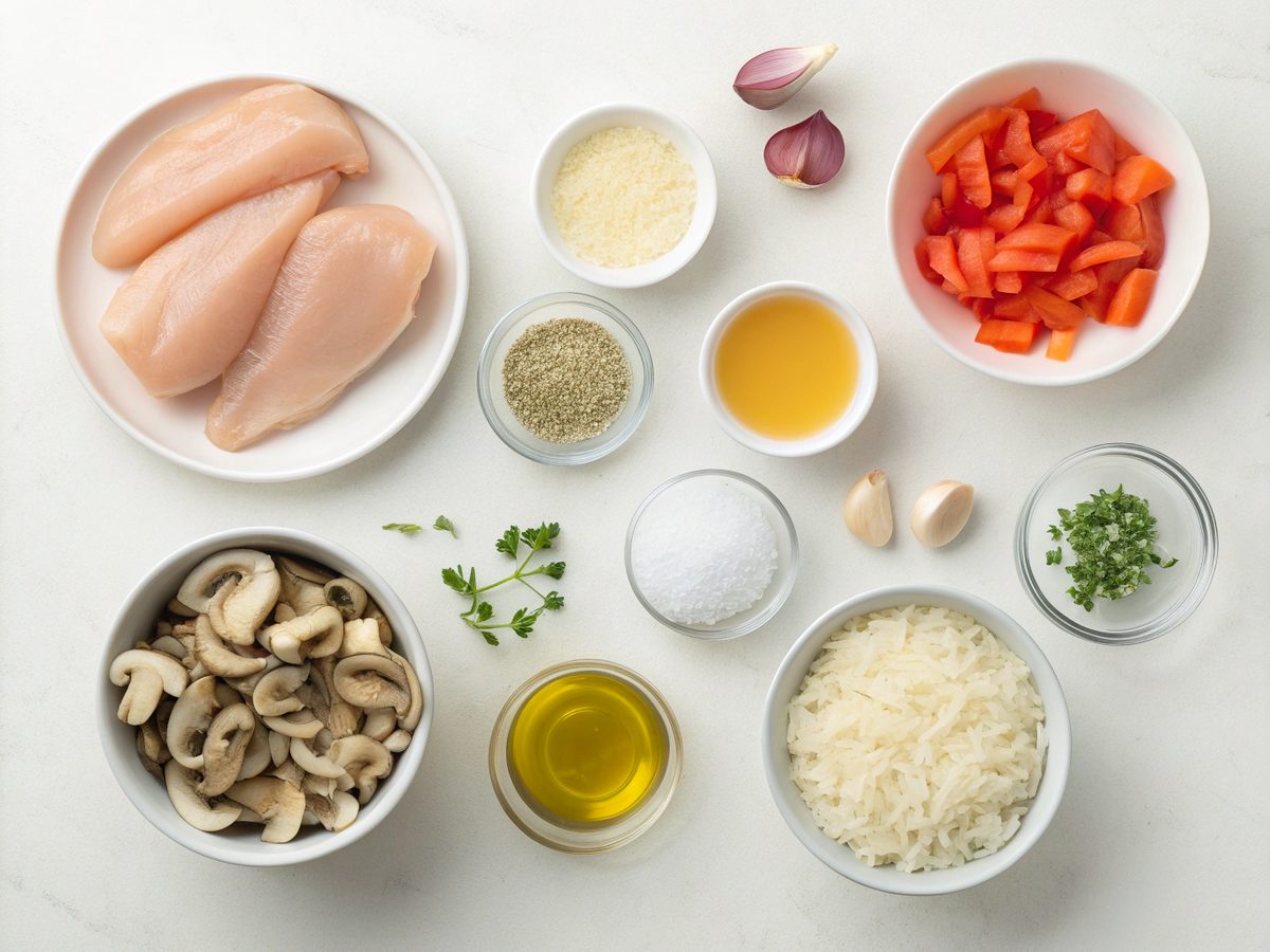 Flat lay of ingredients for smothered chicken and rice recipe