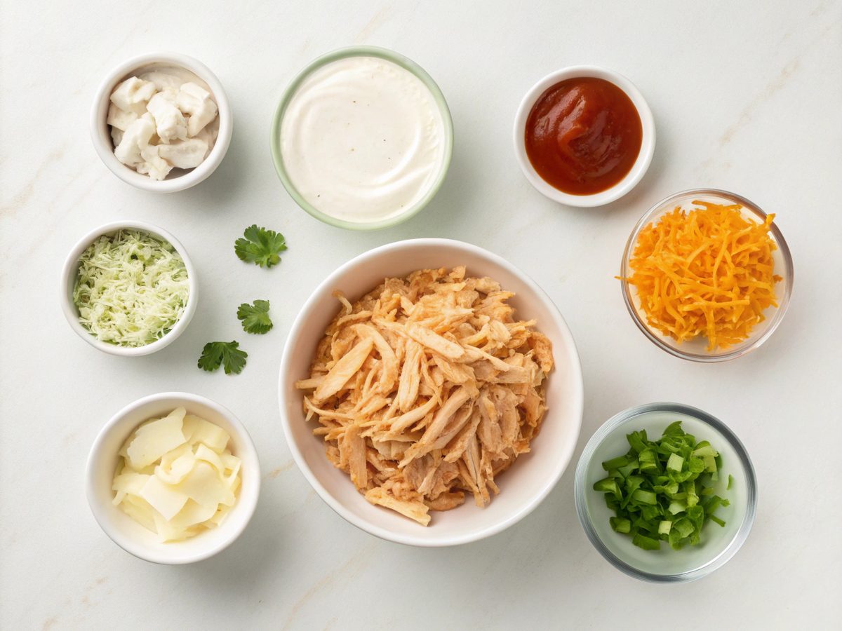 Visual of essential ingredients for spicy buffalo chicken dip