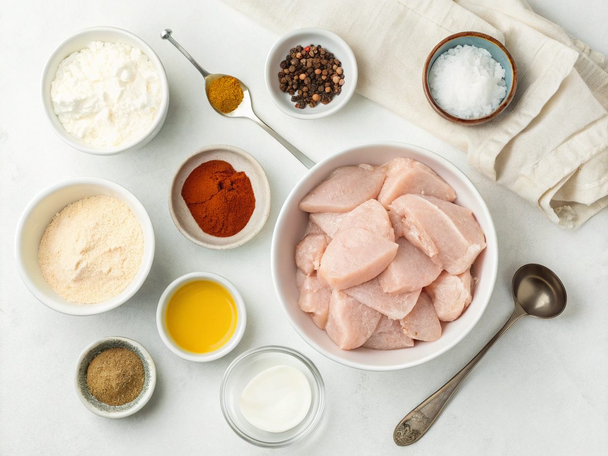 Ingredients needed for making the best fried chicken recipe with buttermilk marinade