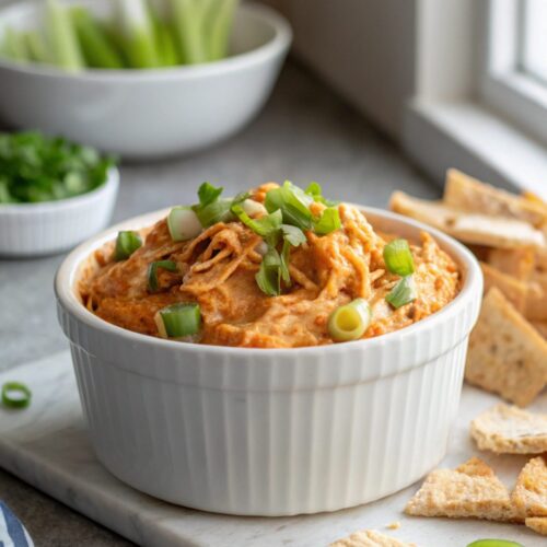 Instant Pot Buffalo Chicken Dip served warm in a white bowl.
