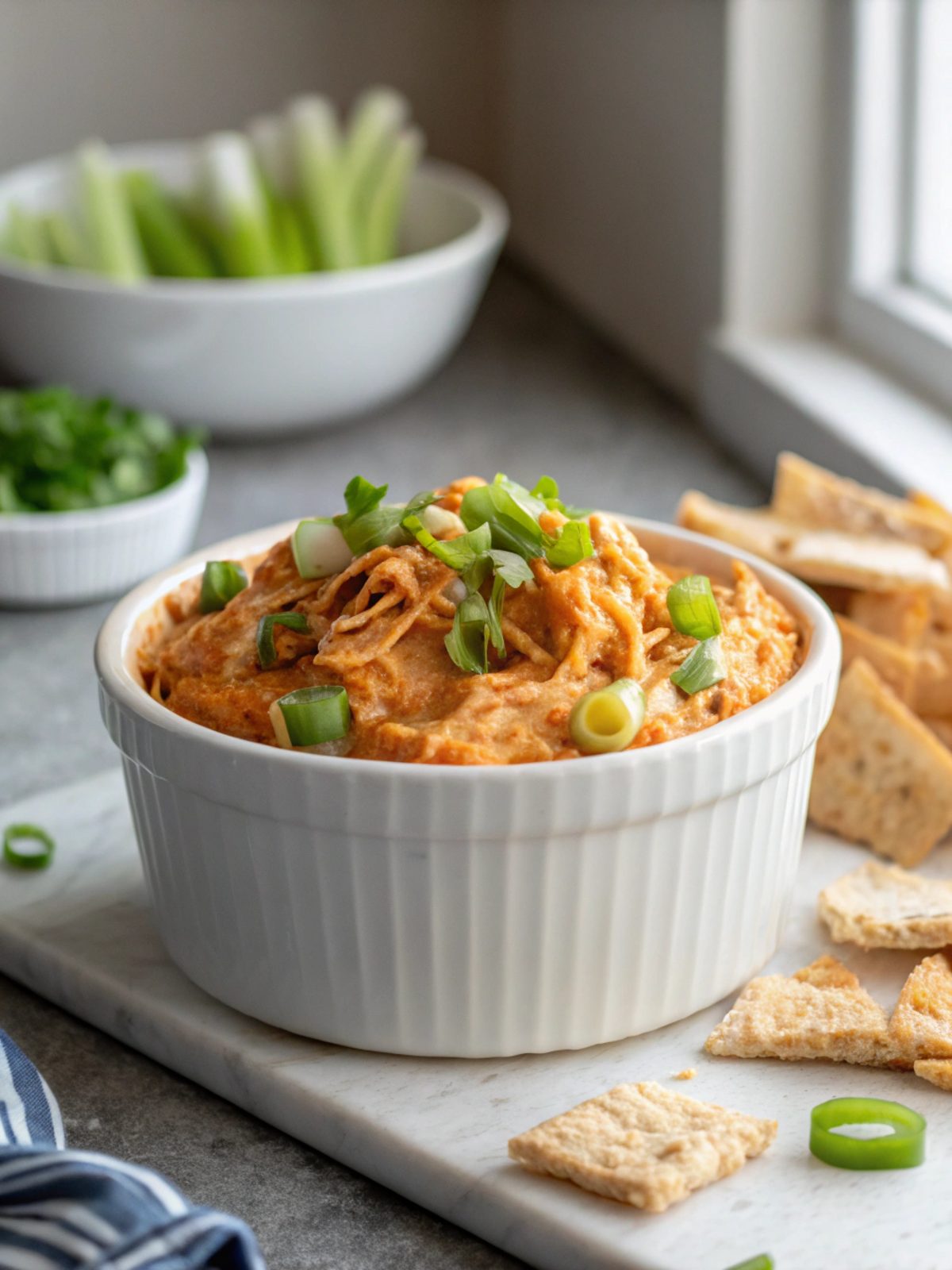 Instant Pot Buffalo Chicken Dip served warm in a white bowl.