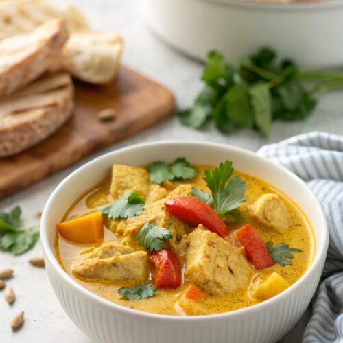Instant Pot Coconut Chicken Curry served in a bowl, garnished with cilantro