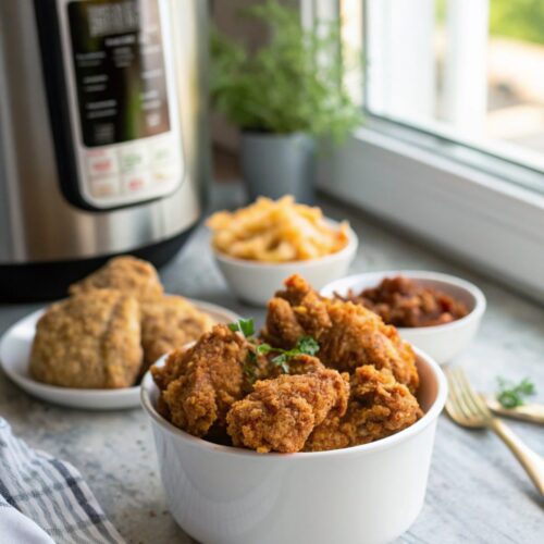 Shiny and golden Instant Pot Fried Chicken ready to serve