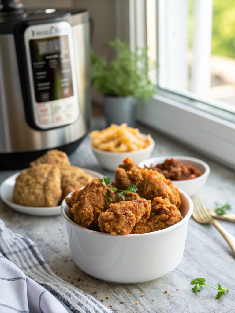 Shiny and golden Instant Pot Fried Chicken ready to serve