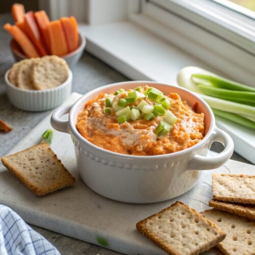 Perfect crockpot buffalo chicken dip served in a white bowl.