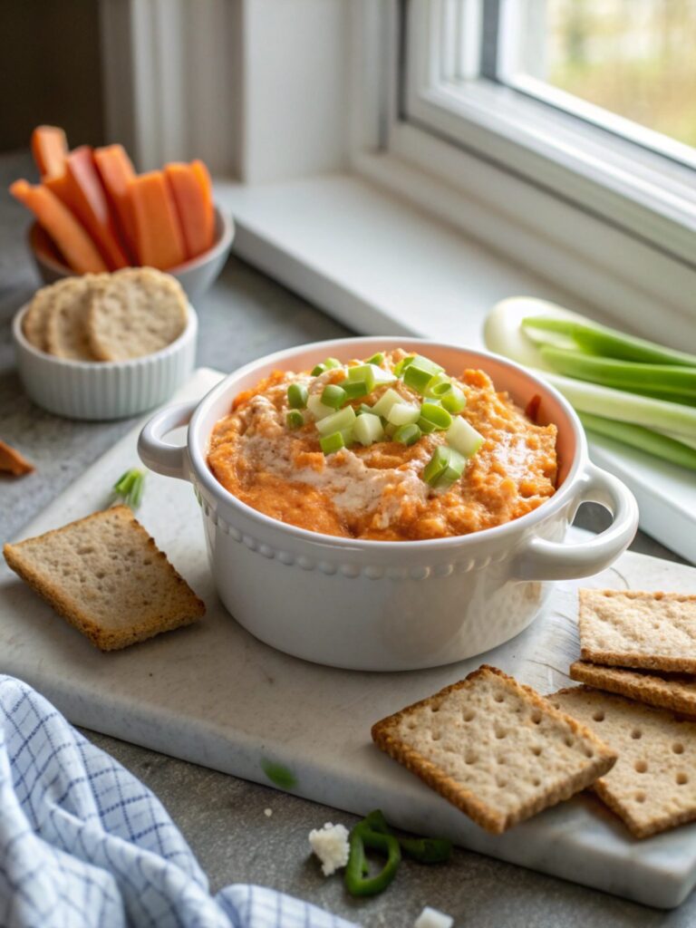 Perfect crockpot buffalo chicken dip served in a white bowl.
