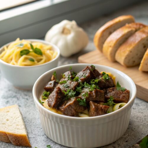 Delicious Garlic Butter Beef Bites aesthetically arranged on a plate