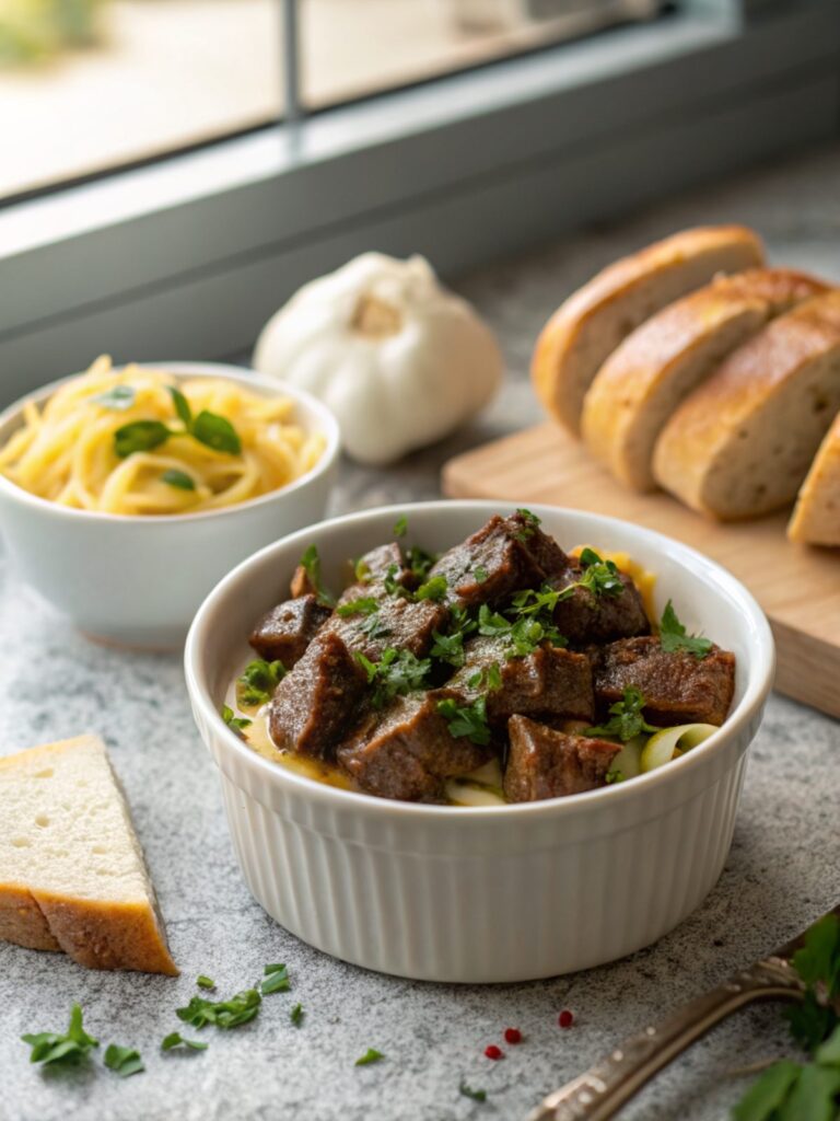 Delicious Garlic Butter Beef Bites aesthetically arranged on a plate