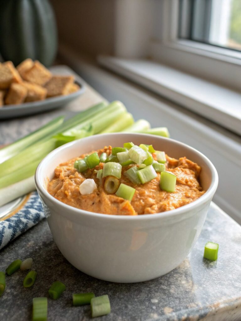 A close-up featured image of buffalo chicken dip recipe, served hot and creamy.