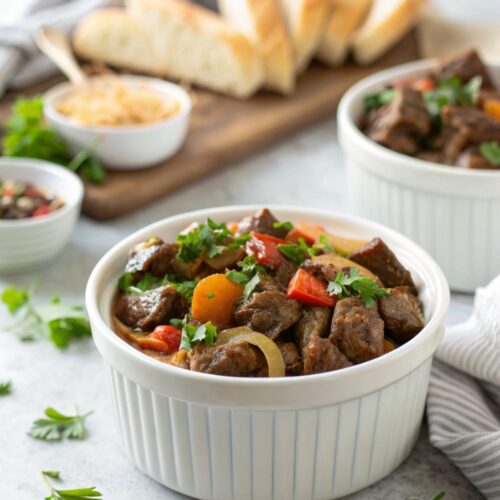 Juicy crockpot garlic butter beef bites served deliciously.
