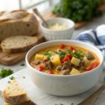 A delicious bowl of keto cheeseburger soup, teeming with flavors