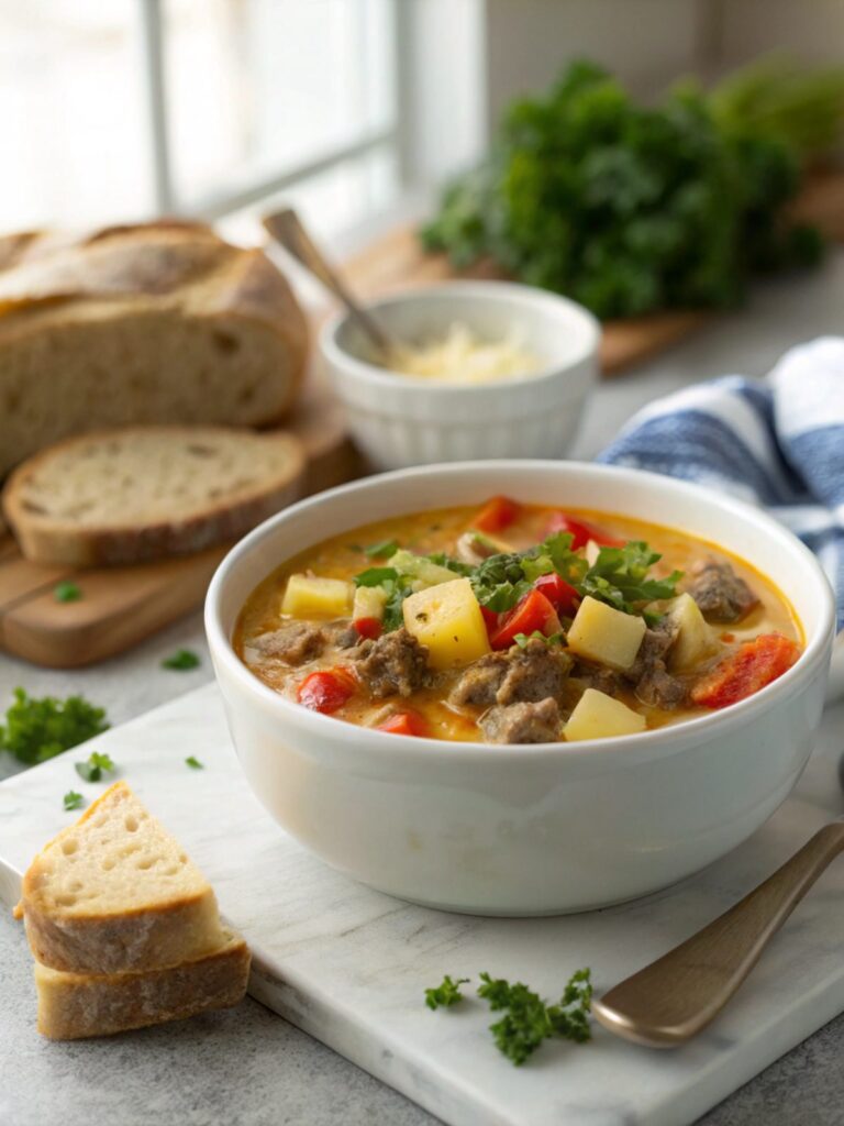 A delicious bowl of keto cheeseburger soup, teeming with flavors