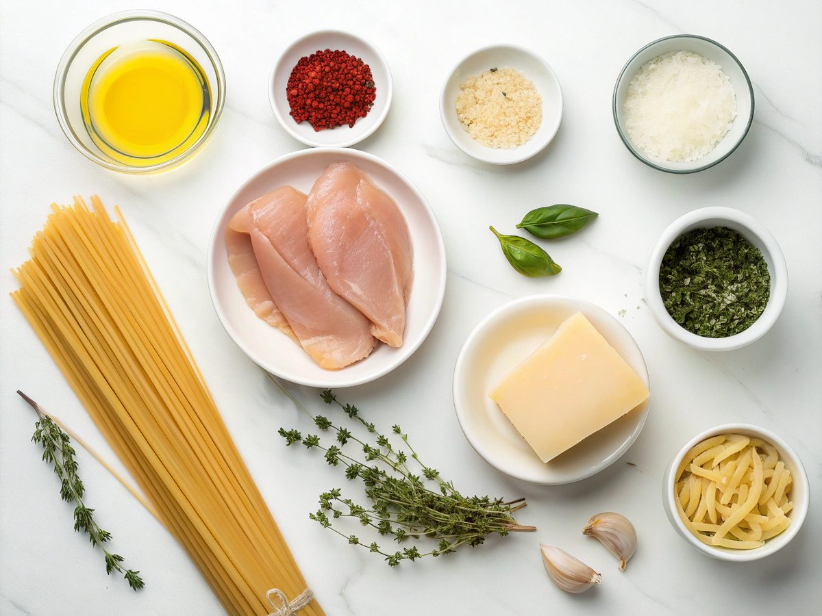 Visual showing ingredients for making Marry Me Chicken Pasta.
