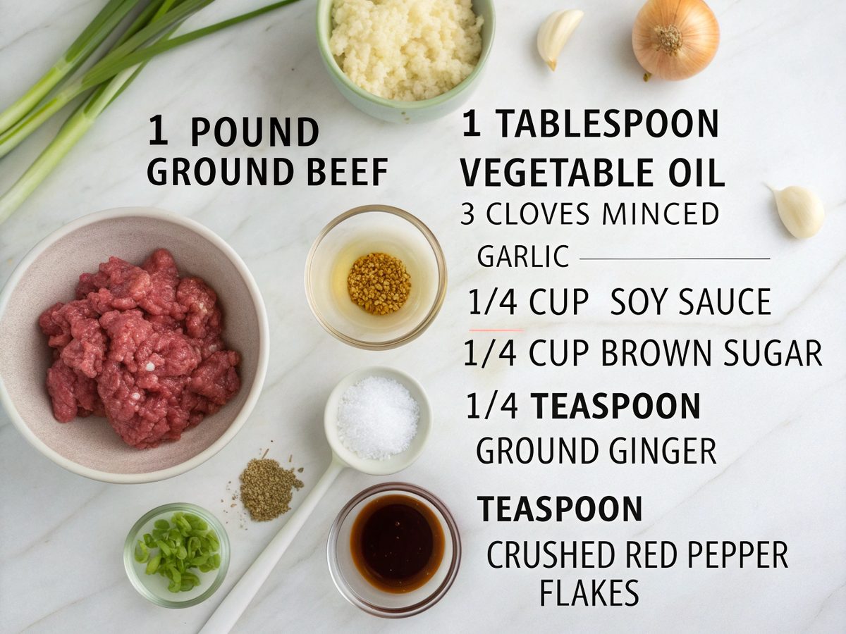 Flat lay of ingredients for Korean ground beef bowl