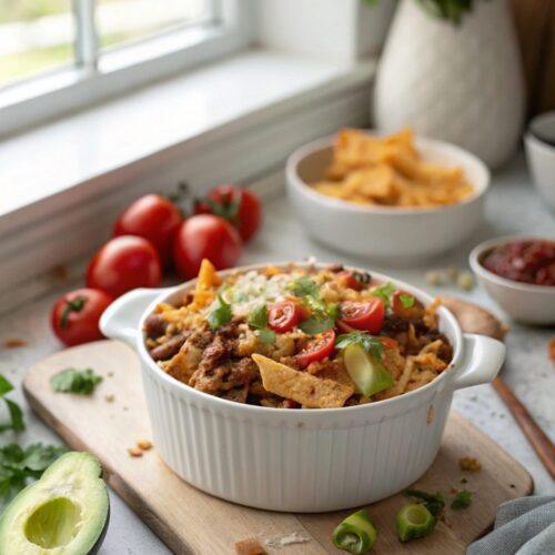 Close-up shot of Loaded Taco Pasta Bake, showcasing melted cheese and fresh toppings