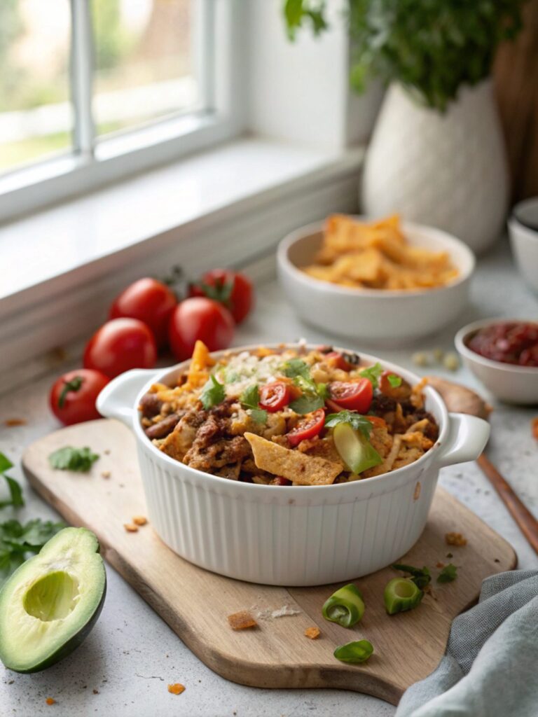 Close-up shot of Loaded Taco Pasta Bake, showcasing melted cheese and fresh toppings