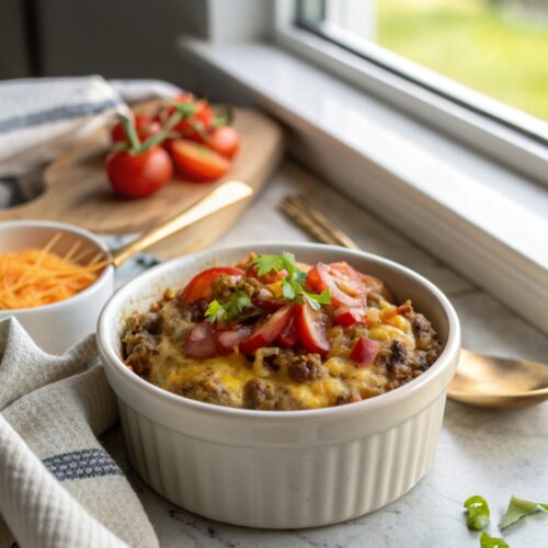 Low Carb Bacon Cheeseburger Casserole served in a dish with gooey cheese
