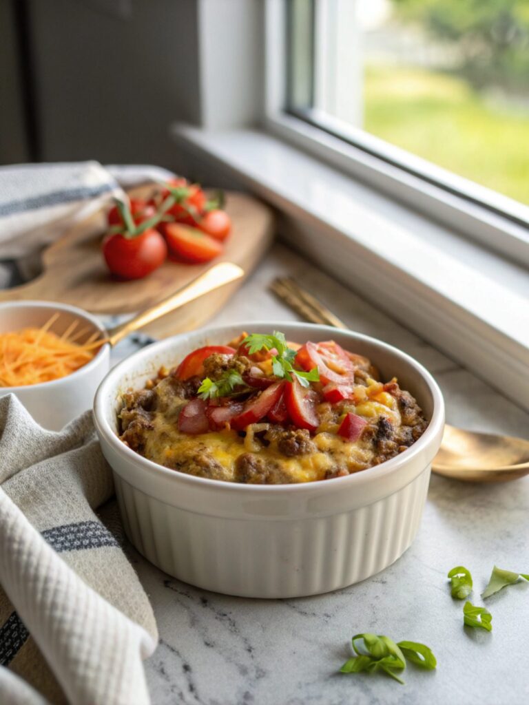 Low Carb Bacon Cheeseburger Casserole served in a dish with gooey cheese