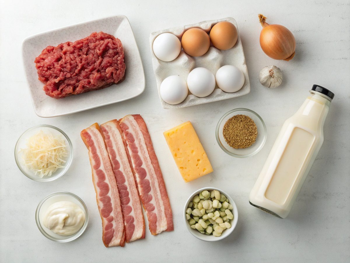 Ingredients for the low carb bacon cheeseburger casserole laid out on a kitchen counter