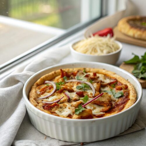 Fully prepared and served low carb BBQ chicken pizza