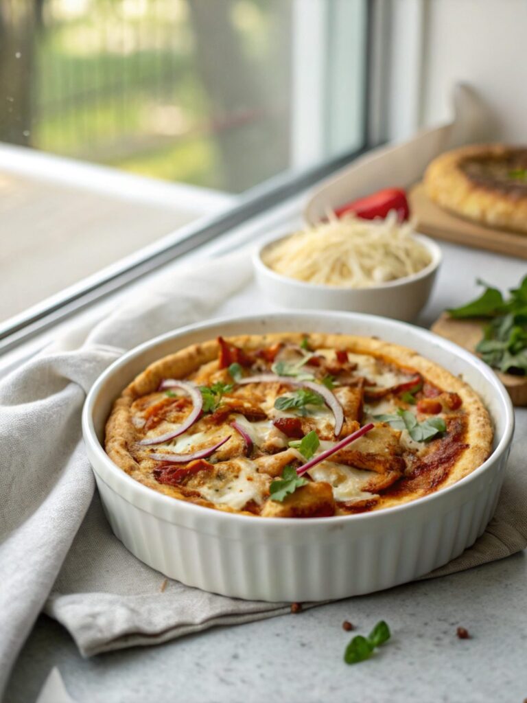 Fully prepared and served low carb BBQ chicken pizza