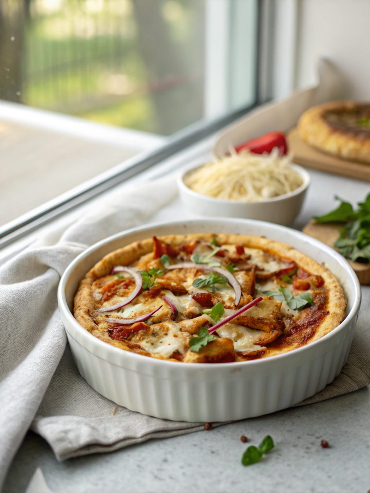 Fully prepared and served low carb BBQ chicken pizza