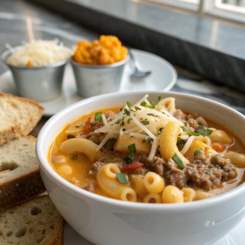 SEO-friendly alt text describing the featured image, including Macaroni Cheeseburger Soup