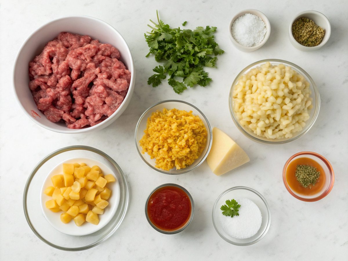 Ingredients for making Macaroni Cheeseburger Soup laid out on a counter