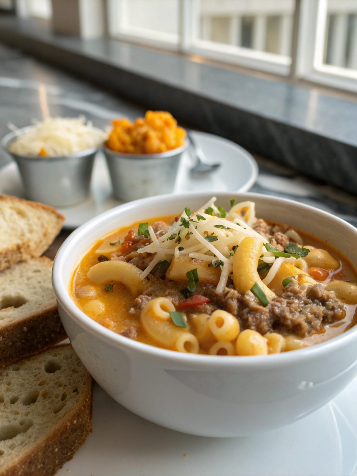 SEO-friendly alt text describing the featured image, including Macaroni Cheeseburger Soup