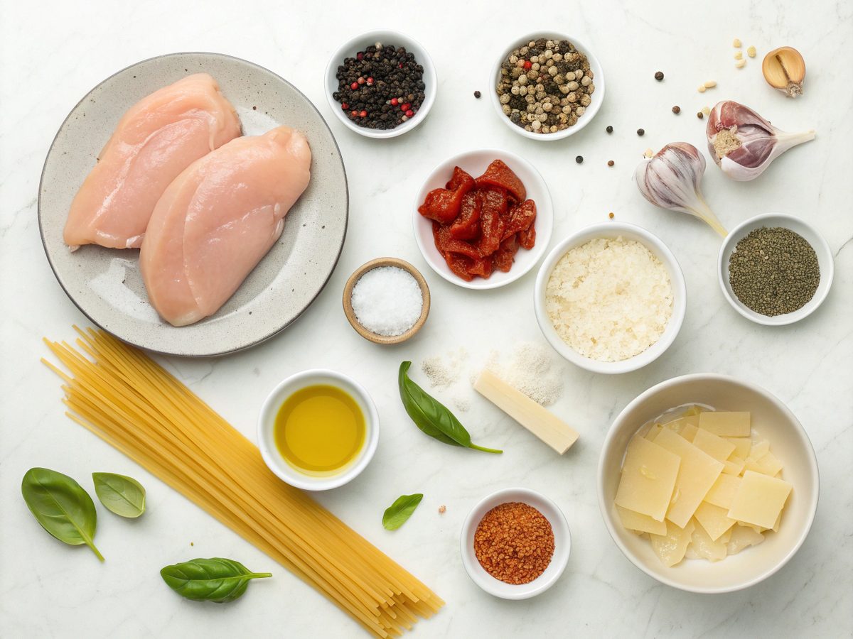 All ingredients needed for Marry Me Chicken Pasta recipe.