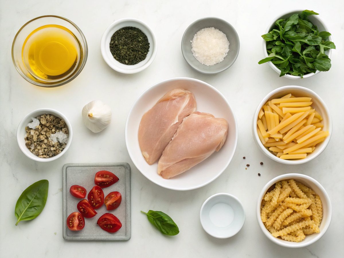 A display of ingredients for making Marry Me Chicken Pasta