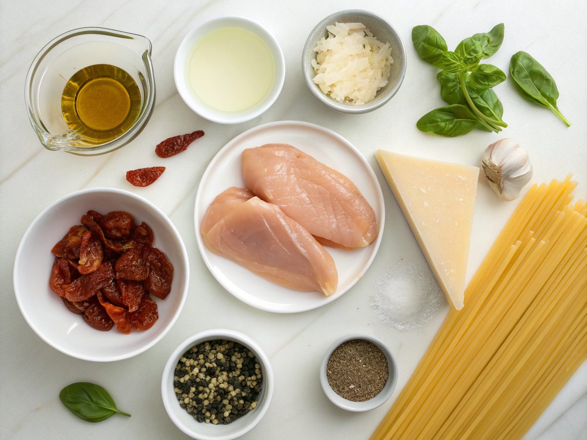 Flat lay of ingredients for Marry Me Chicken Pasta