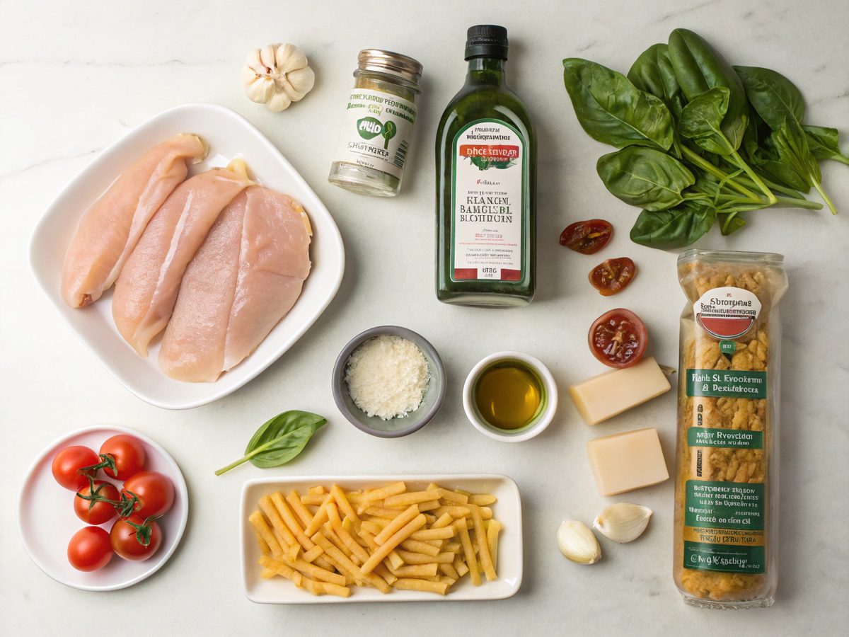 Illustrated ingredients for the Marry Me Chicken Pasta Recipe displayed neatly.