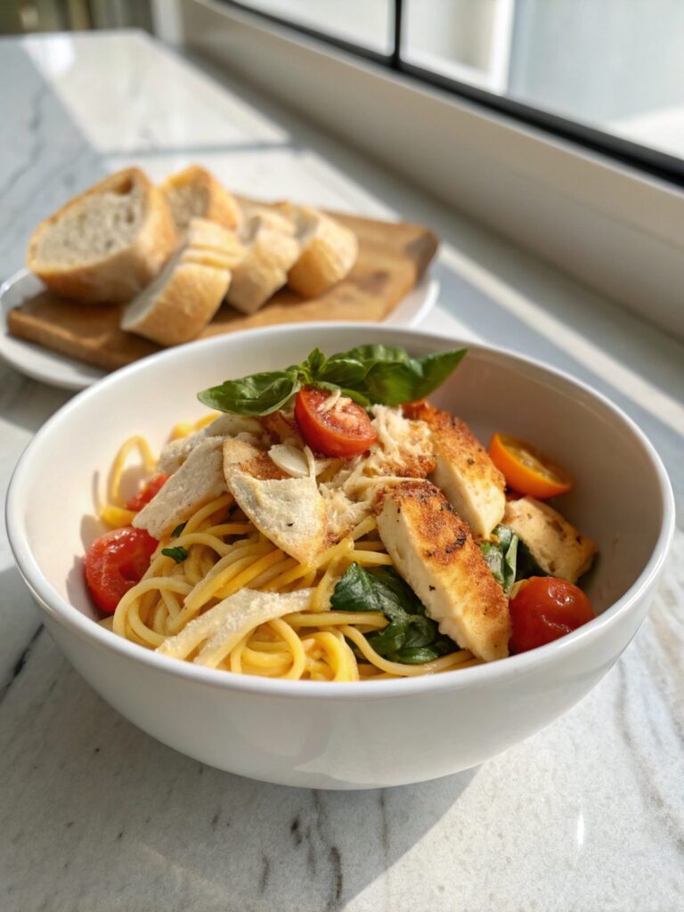 Delicious Marry Me Chicken Pasta elegantly served on a white plate.