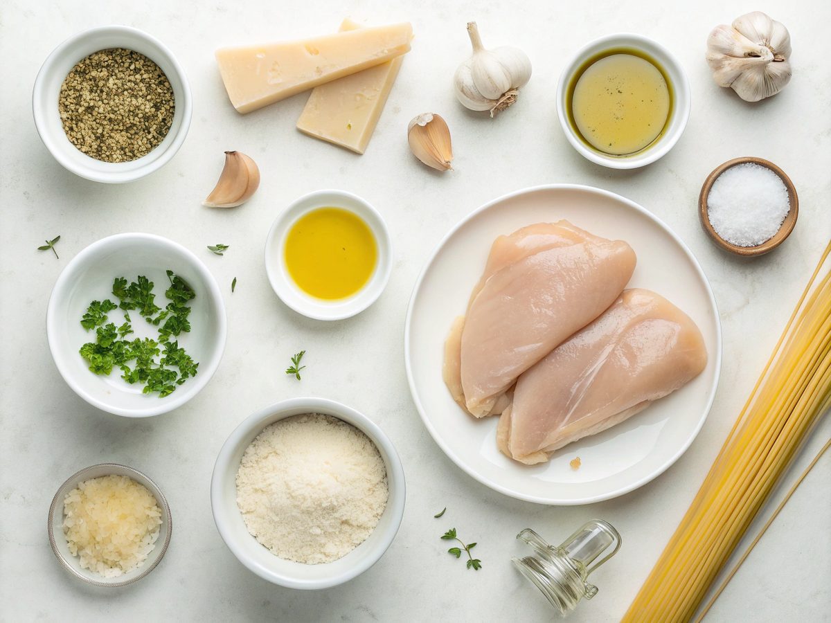 Ingredients for Merry Me Chicken Pasta laid out