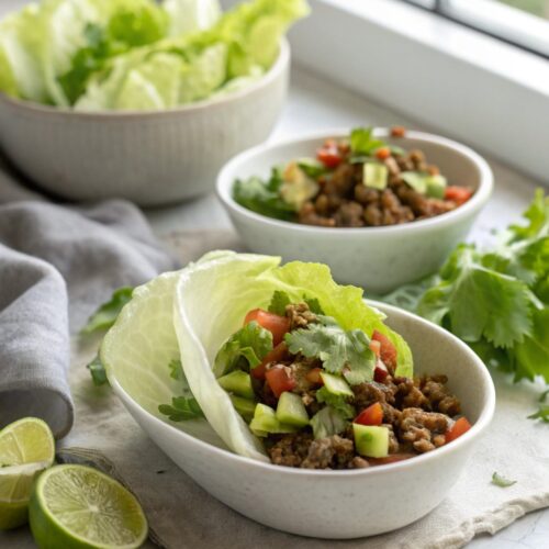 Finish dish of Mexican Beef Lettuce Wraps styled neatly on a plate