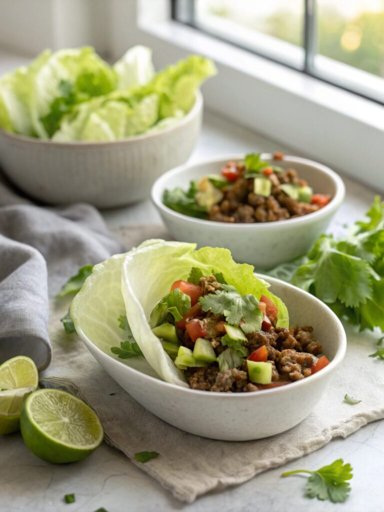 Finish dish of Mexican Beef Lettuce Wraps styled neatly on a plate