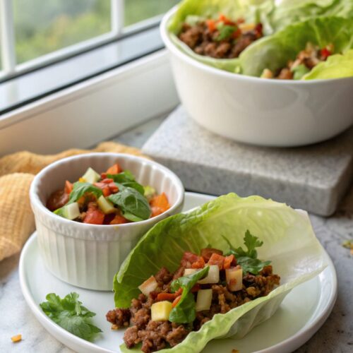 Tempting Mexican Ground Beef Lettuce Wraps on a platter