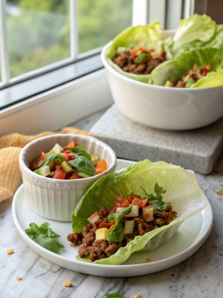 Tempting Mexican Ground Beef Lettuce Wraps on a platter