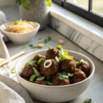 A delicious plated arrangement of Mongolian Beef Meatballs